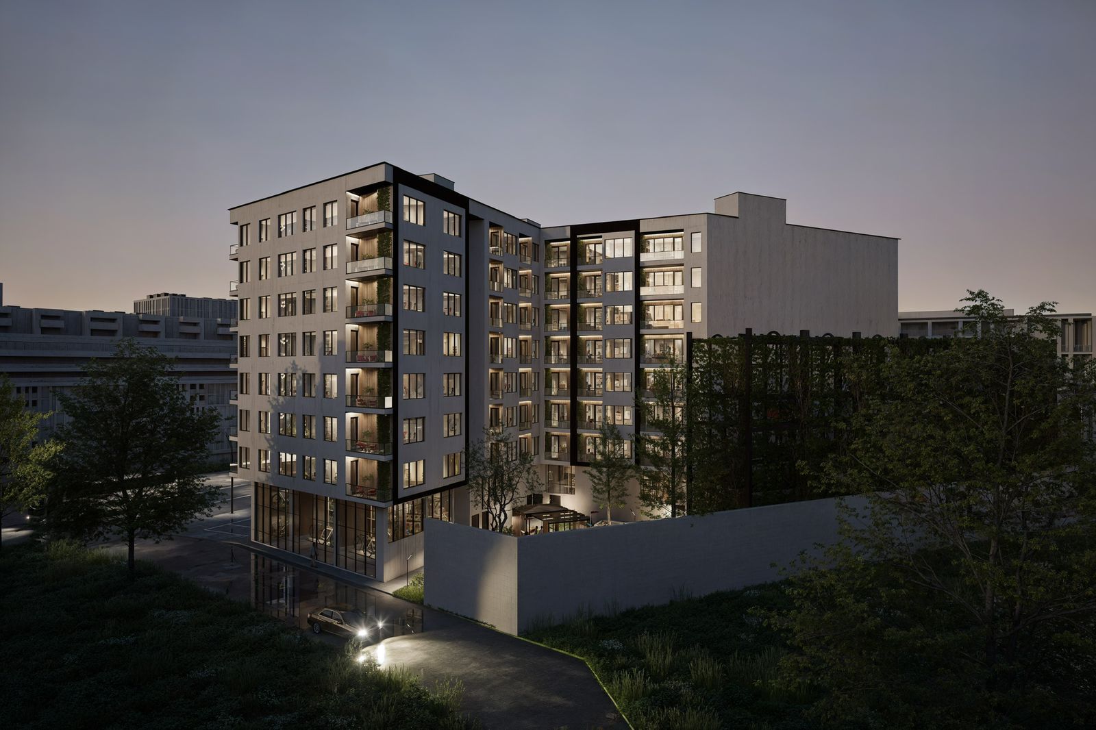 Northwest view of the building at twilight